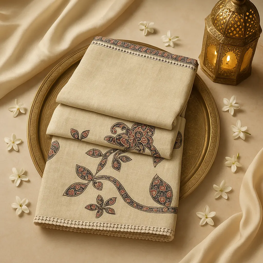 Elegant Cream Linen Saree with Traditional Floral Motif Applique 