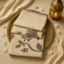 Elegant Cream Linen Saree with Traditional Floral Motif Applique 
