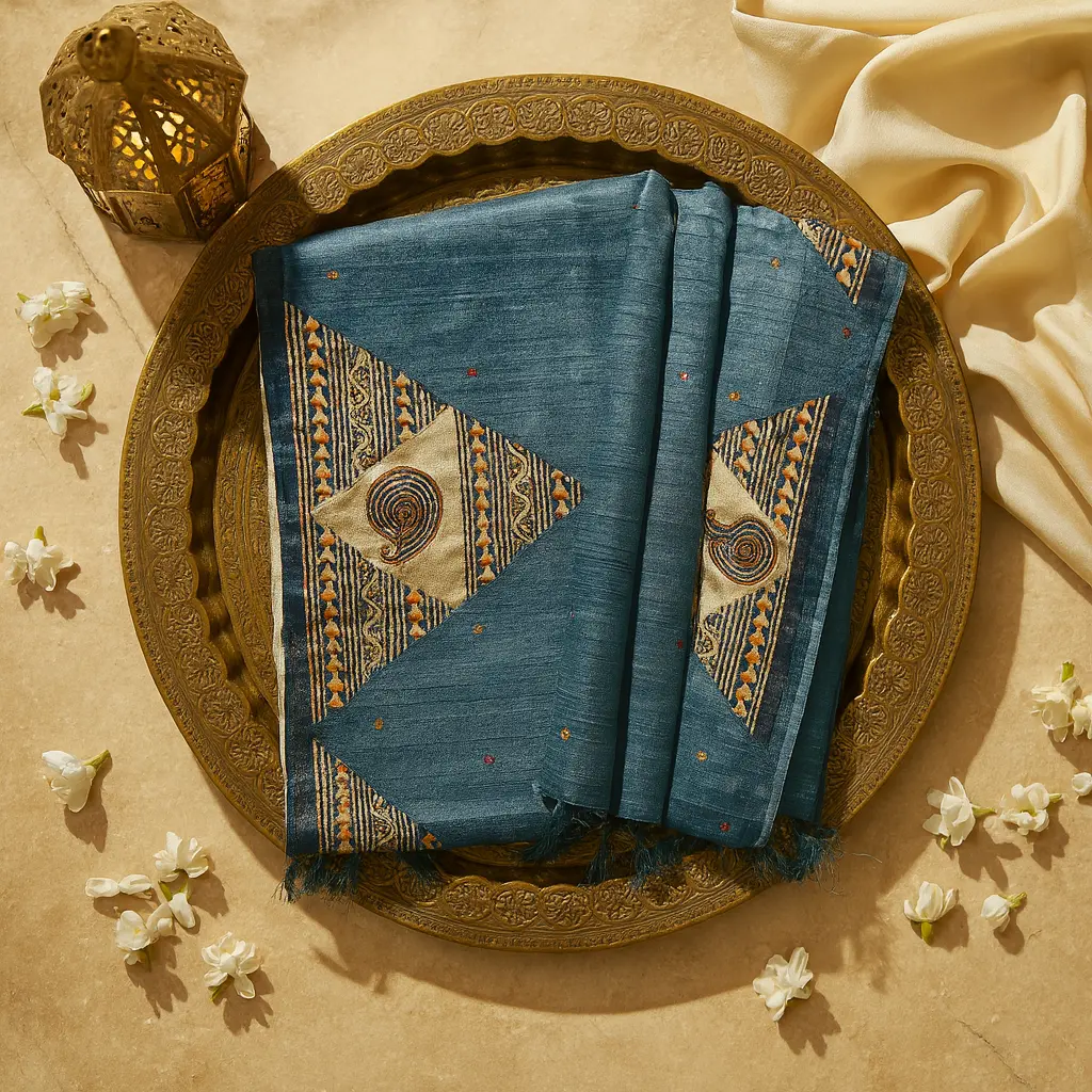 Elegant Teal Textured Saree with Geometric Paisley Motifs
