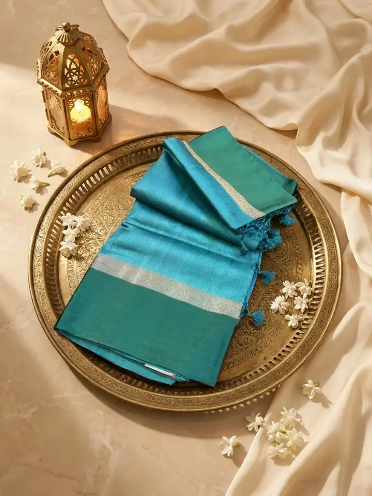 Teal and Emerald Green Handwoven Silk Saree with Zari Border