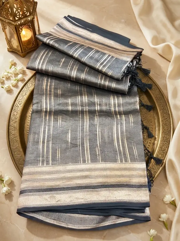 Charcoal Black Handwoven Silk Saree with Antique Zari Stripes