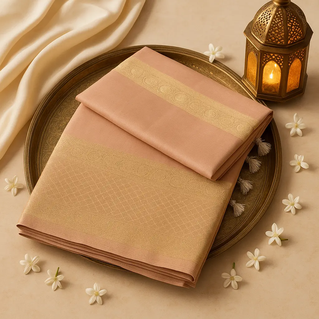 Elegant Peach Silk Saree with Rich Golden Zari Border