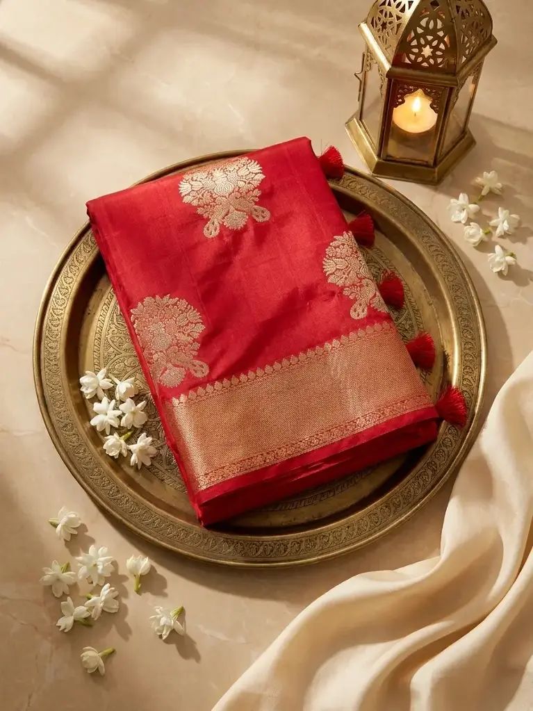Crimson Red Silk Saree with Woven Gold Zari Motifs