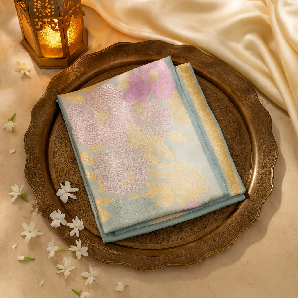 Powder Blue Silk Saree with Pastel Floral Weaving