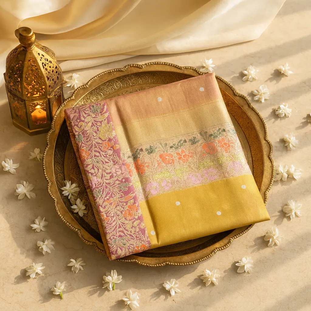Mustard Gold Banarasi Silk Saree with Pink Meenakari Border 
