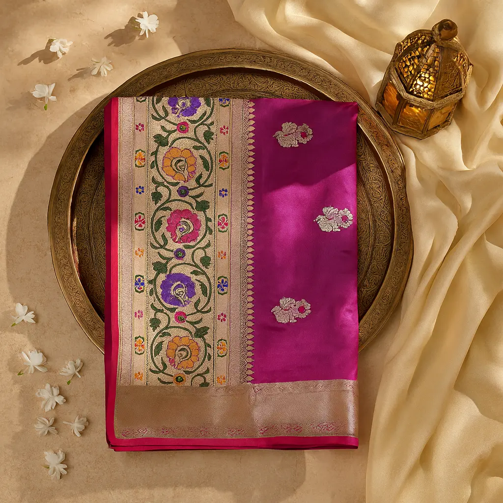 Exquisite Magenta Silk Saree with Intricate Multi-Colored Floral Border 
