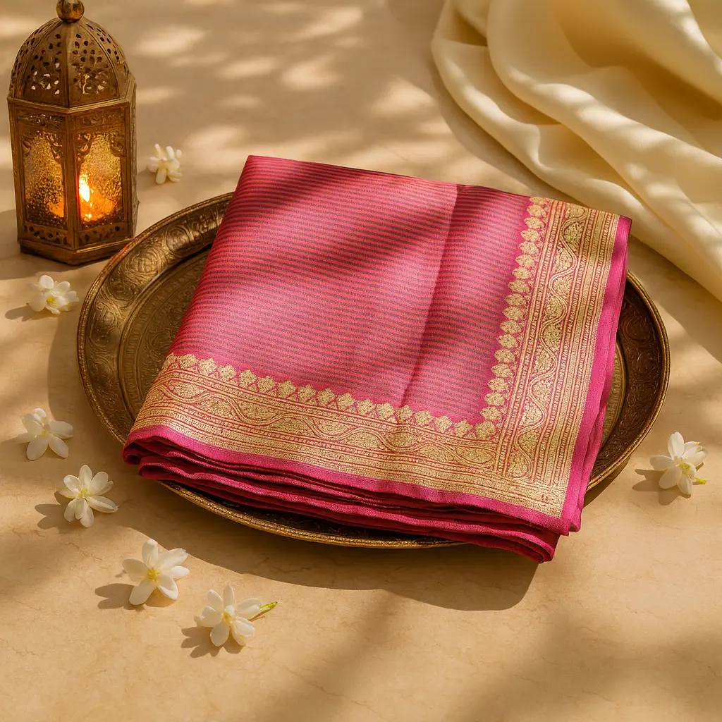 Elegant Pink Silk Saree with Traditional Zari Border 