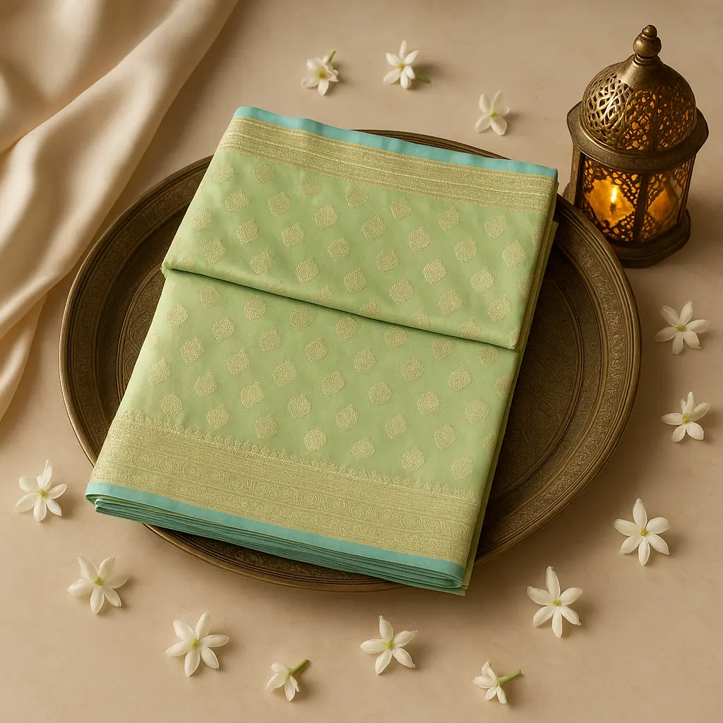 Elegant Lime Green Silk Banarasi Saree With Intricate Zari Border 