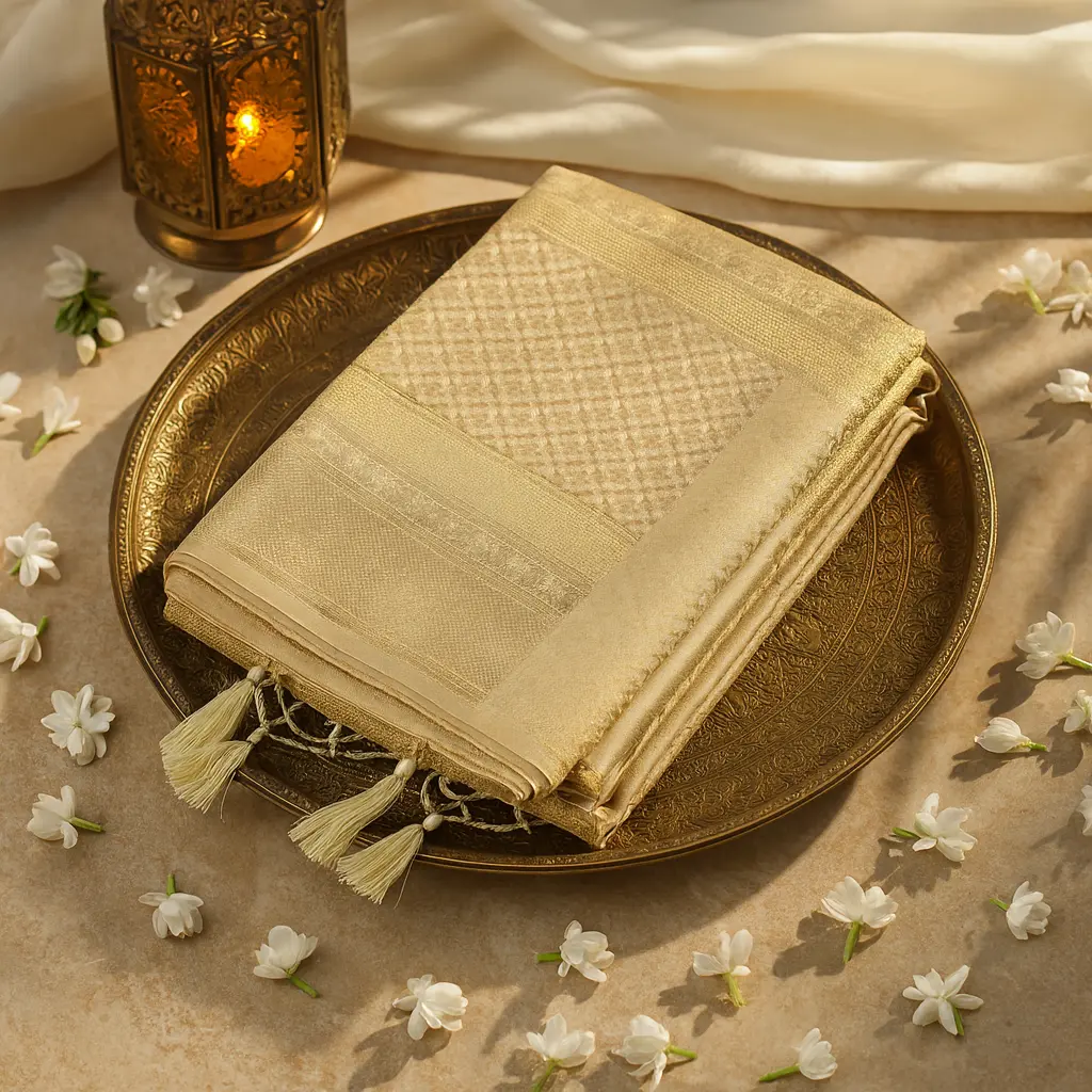 Elegant Cream Gold Jacquard Weave Traditional Silk Saree