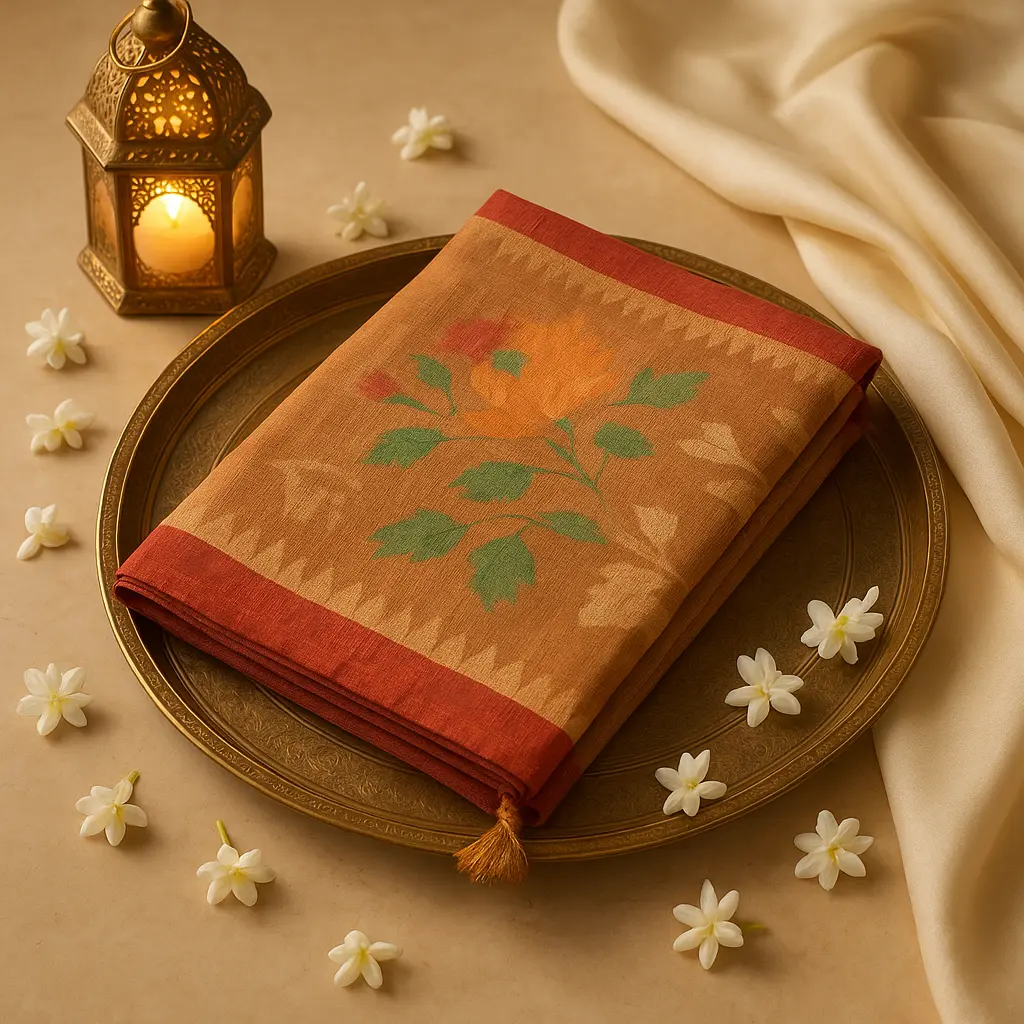 Rustic Rust Floral Motif Handloom-Style Festive Designer Saree 