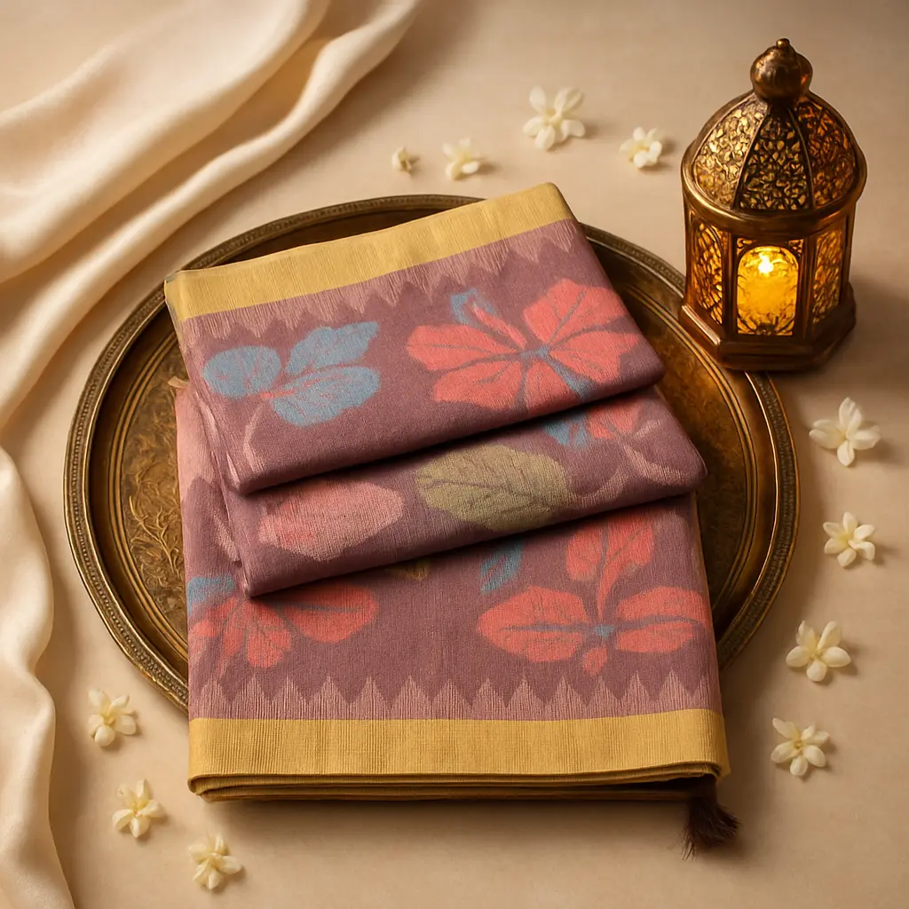 Elegant Floral Print Saree With Contrast Gold Border