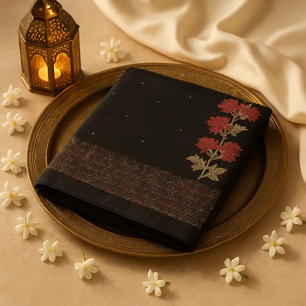 Elegant Black Saree with Floral Embroidery and Zari Detailing 