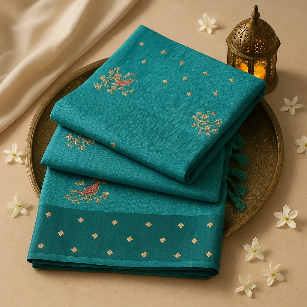 Teal Blue Embroidered Saree with Intricate Bird Motif