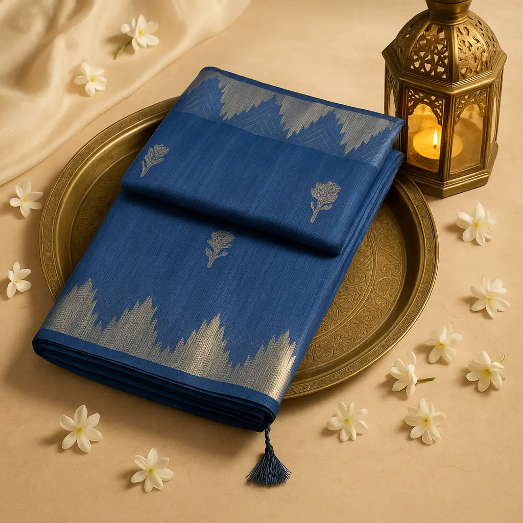 Teal Blue and Grey Slub Silk Saree with Temple Border 