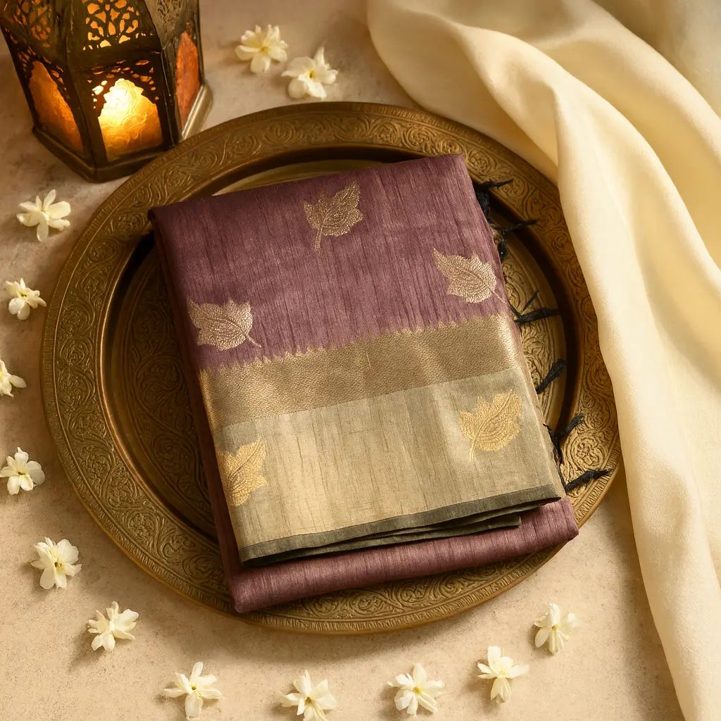 Elegant Mauve Silk Saree with Traditional Gold Zari Border