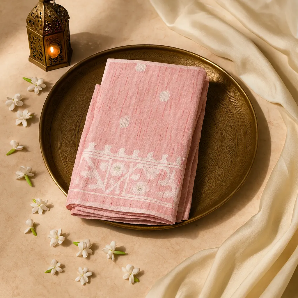 Elegant Pastel Pink Linen Saree with Silver Zari Border