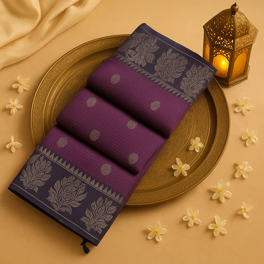 Elegant Purple Striped Saree with Traditional Silver Zari Border
