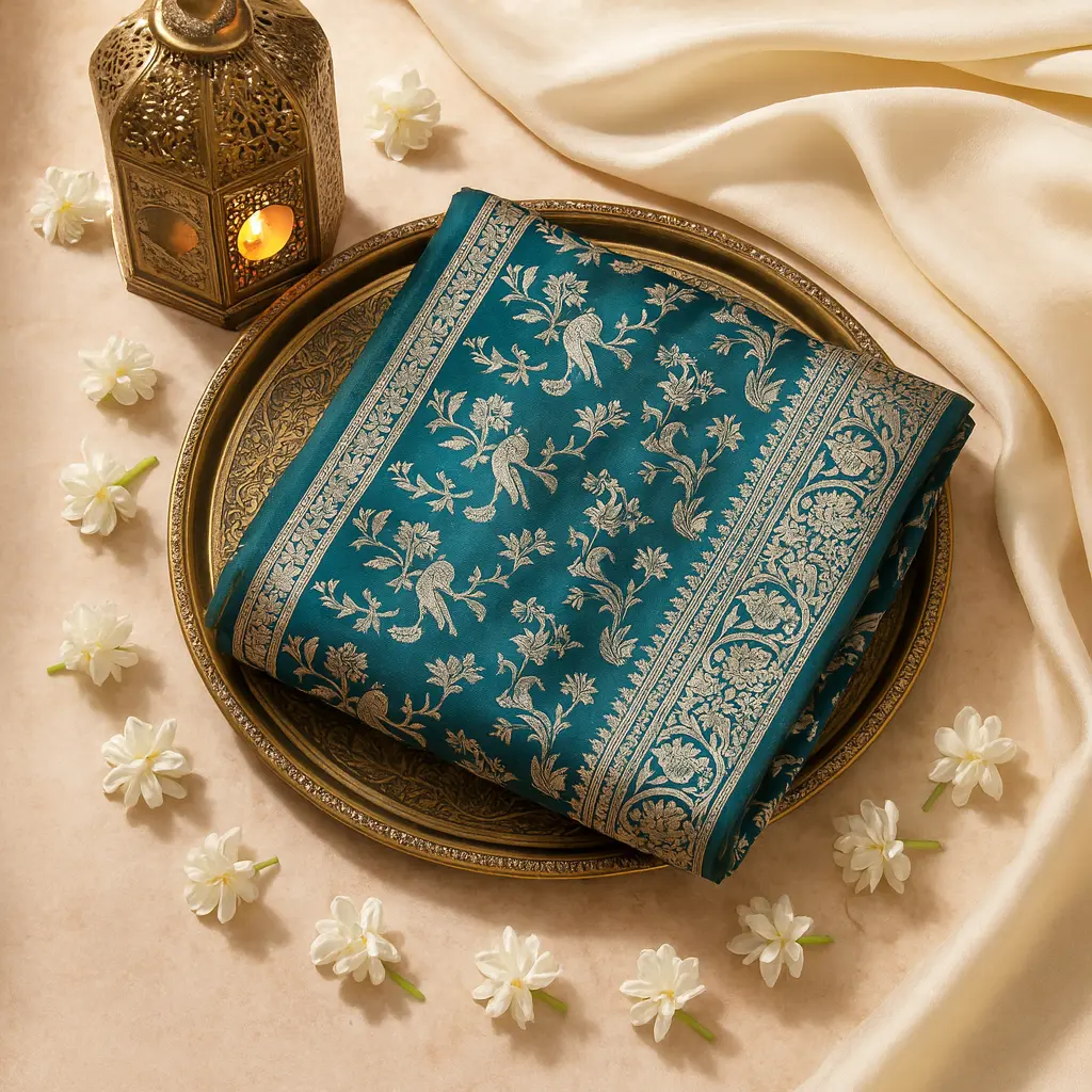 Elegant Deep Teal Silk Saree with Traditional Zari Motifs 