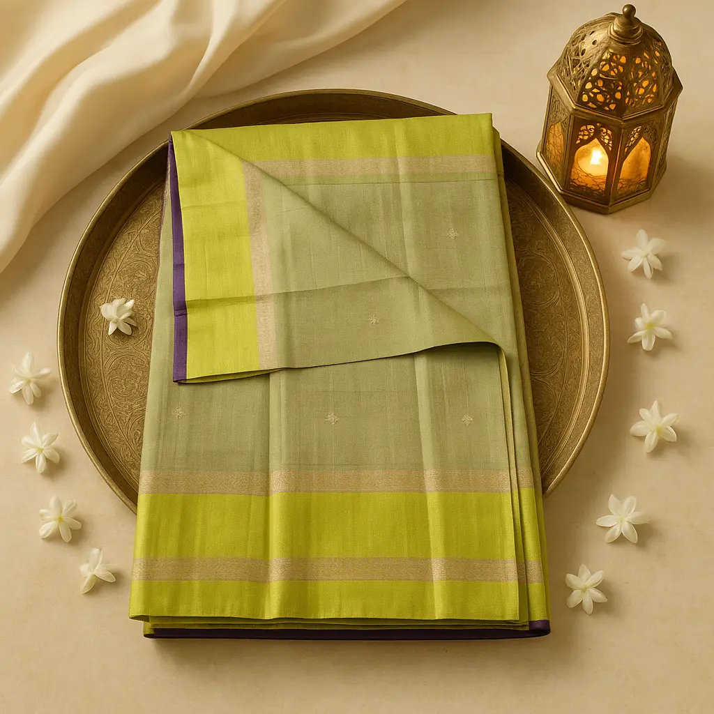 Elegant Lime Green and Purple Dual-Tone Silk Designer Saree