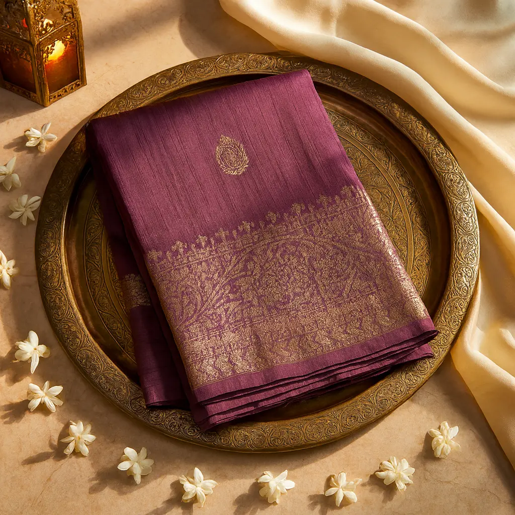 Elegant Deep Purple Silk Saree with Contrasting Ikat Blouse
