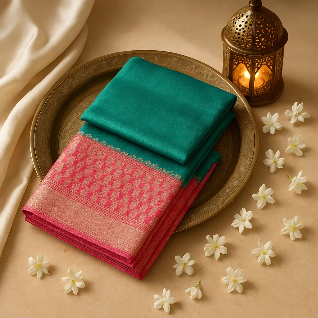 Elegant Dual-Tone Silk Saree with Traditional Zari Border