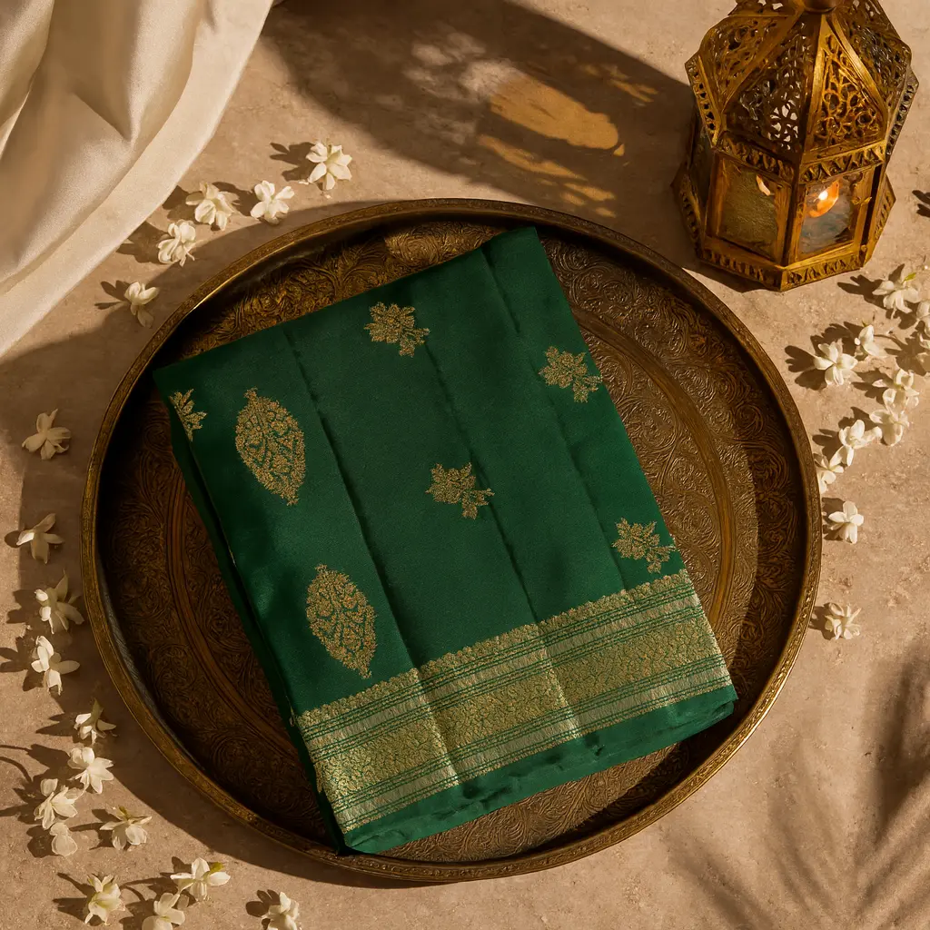 Elegant Emerald Green Silk Saree with Intricate Gold Zari 