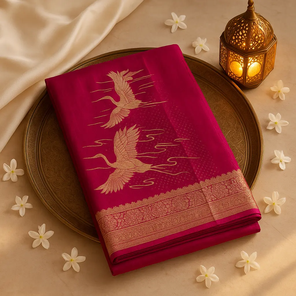 Magenta Silk Saree with Gold Zari Crane Bird Motifs
