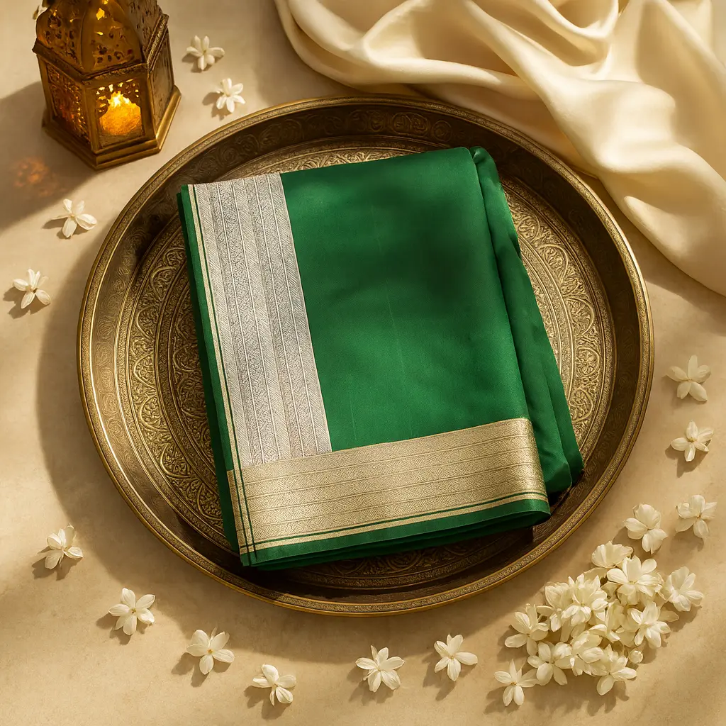 Elegant Dark Green Saree with Intricate Silver Zari Border