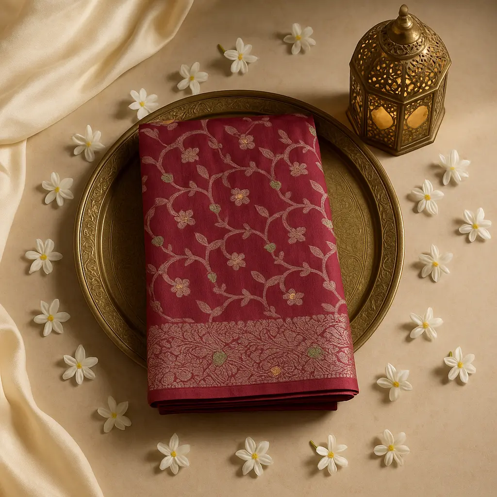 Elegant Maroon Floral Zari Silk Blend Festive Saree
