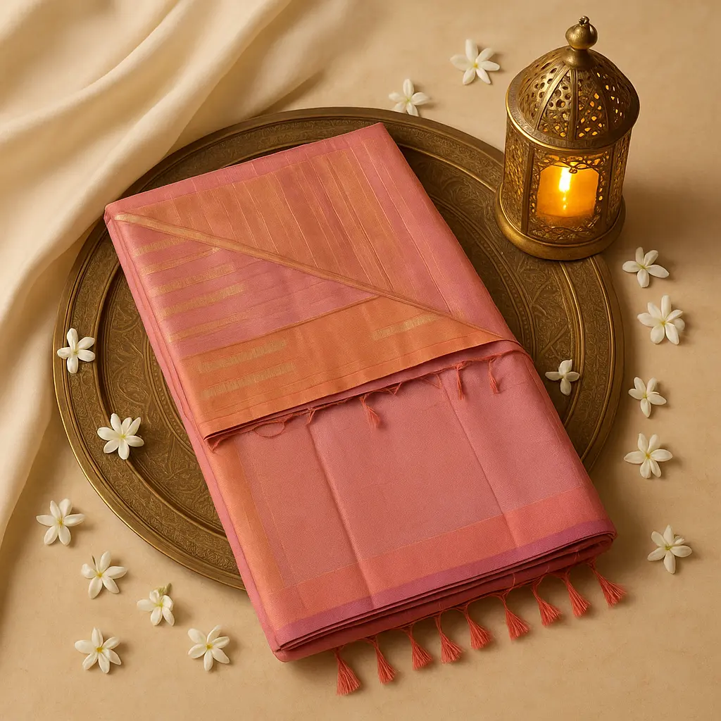 Elegant Peach and Pink Handloom Cotton Saree with Zari 