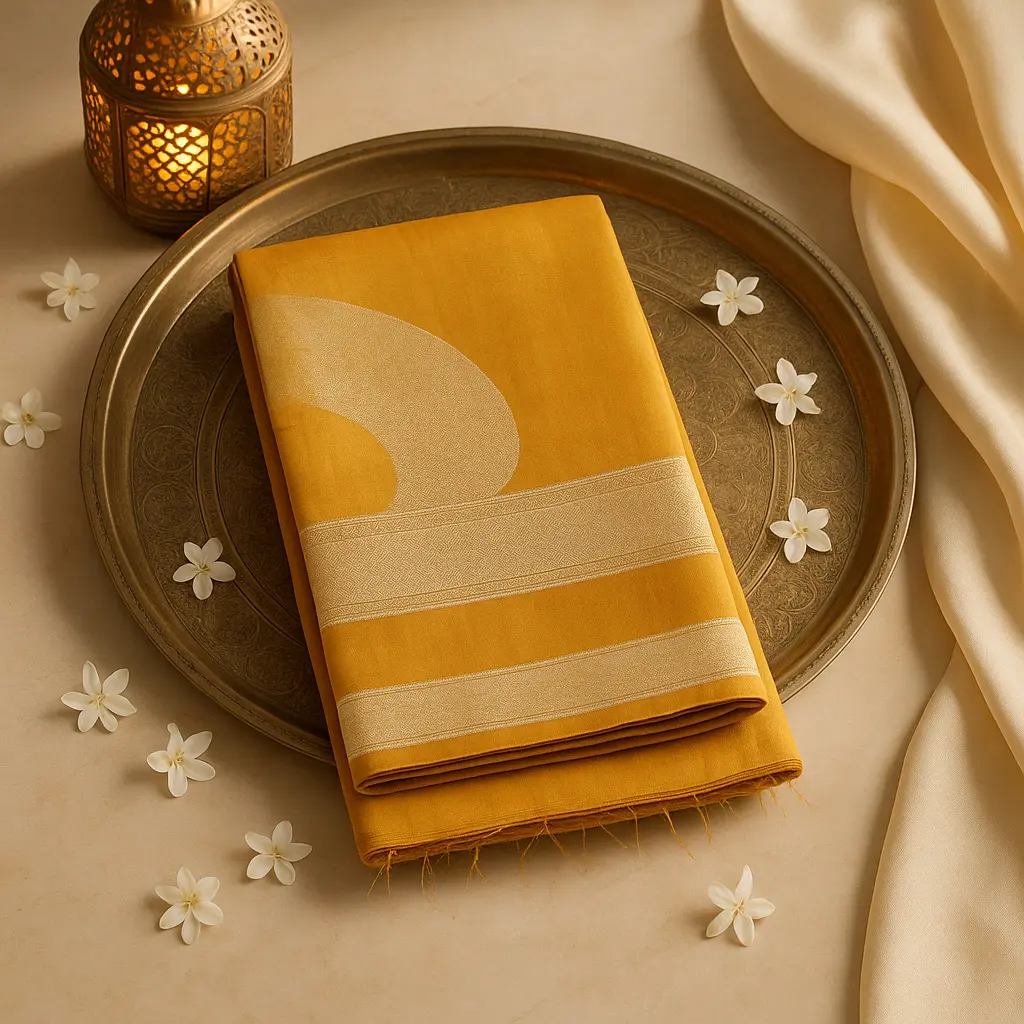 Elegant Mustard Yellow Designer Saree with Contemporary Geometric Patterns