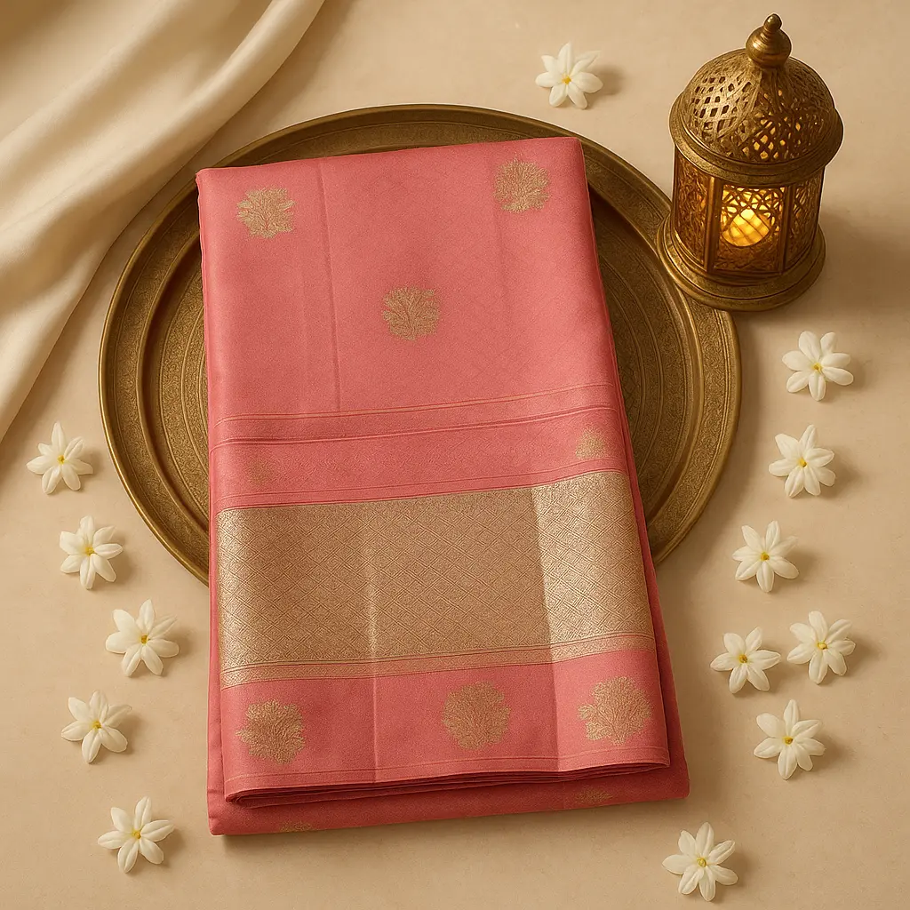 Elegant Peach Silk Blend Saree with Traditional Peacock Motifs