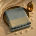 Elegant Dusty Blue Banarasi Silk Saree with Intricate Zari Weave 