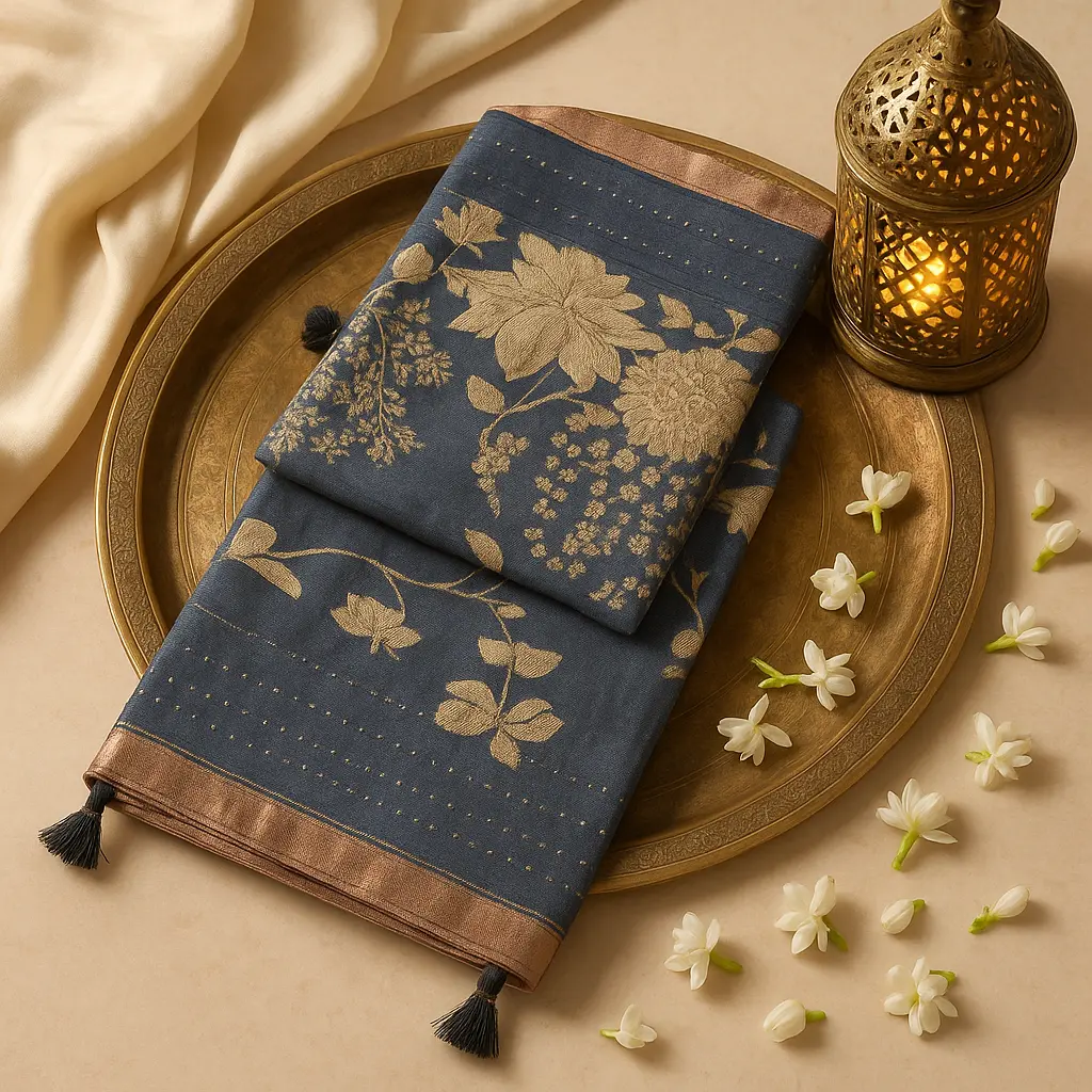 Elegant Charcoal Grey Lotus Motif Designer Saree