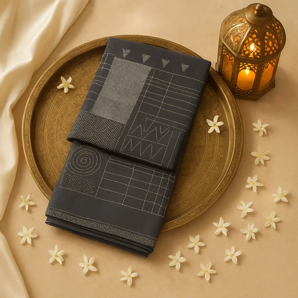 Elegant Charcoal Grey Geometric Print Designer Saree