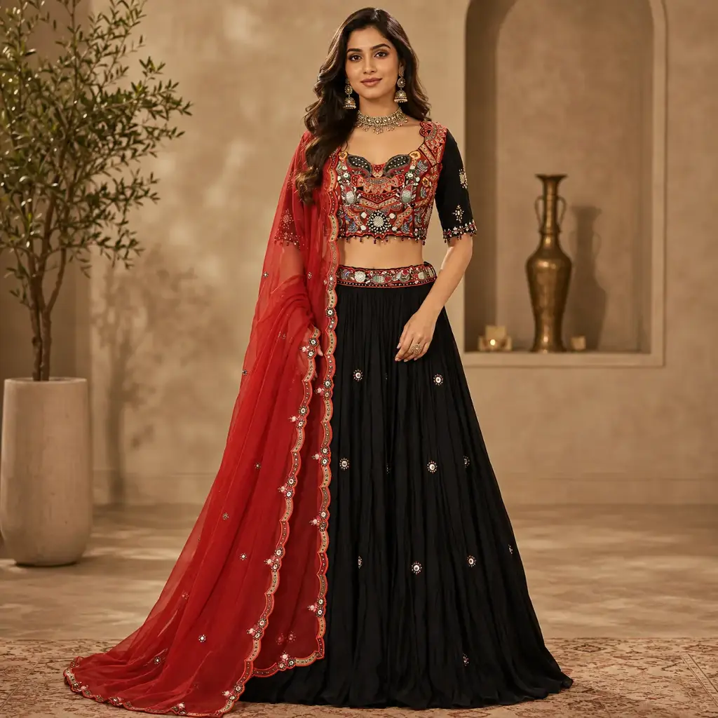 Women's Black Lehenga Choli with Red Dupatta and Mirror Work Blouse