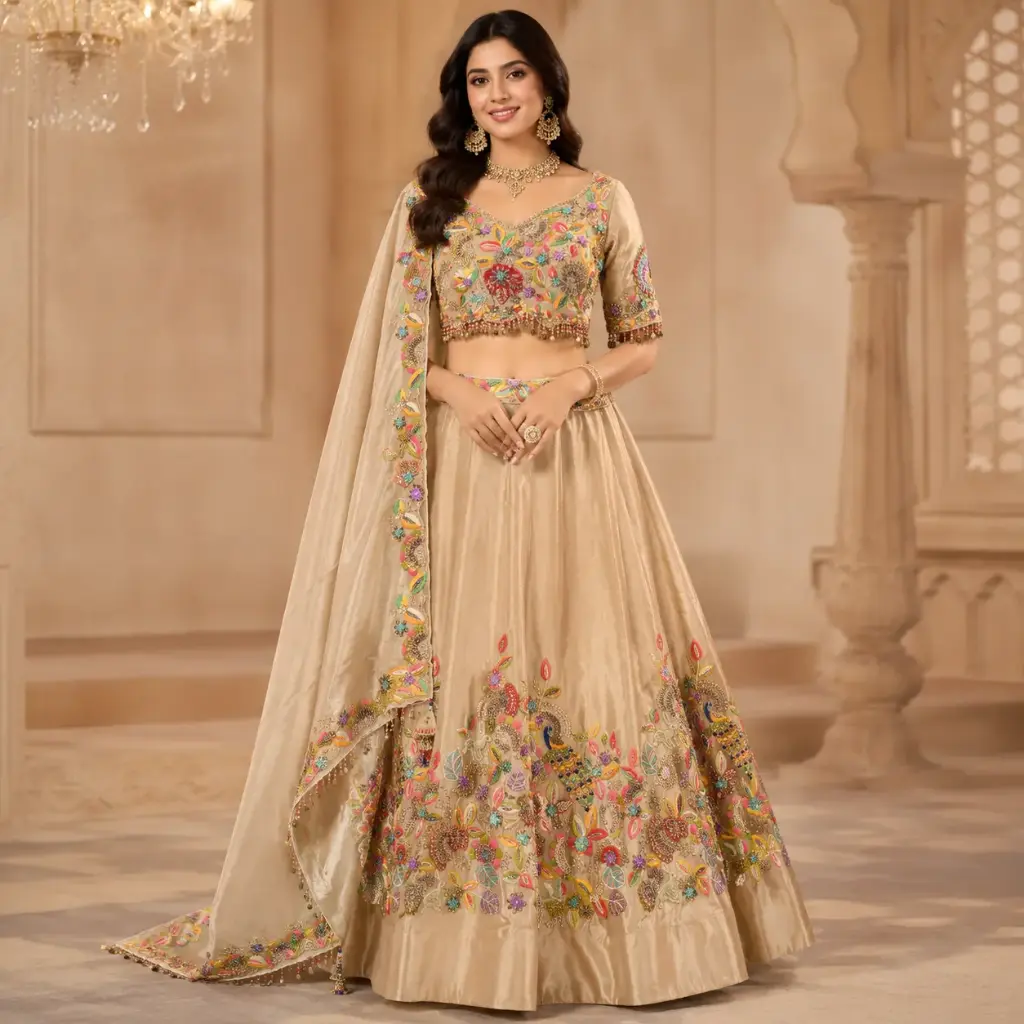 Women's Beige Multicolor Embroidered Lehenga Choli with Dupatta for Weddings and Festive Party Wear