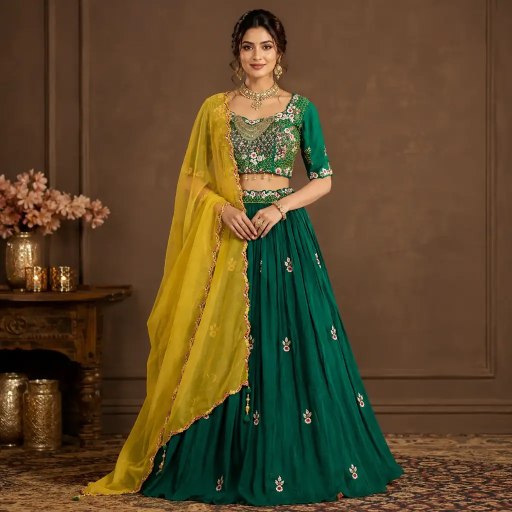 Women's Emerald Green Embroidered Lehenga Choli Set with Yellow Dupatta