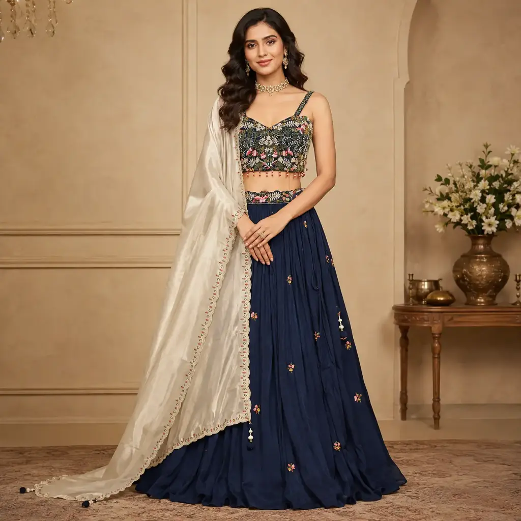 Women's Navy Blue Floral Embroidered Lehenga Choli with Ivory Dupatta