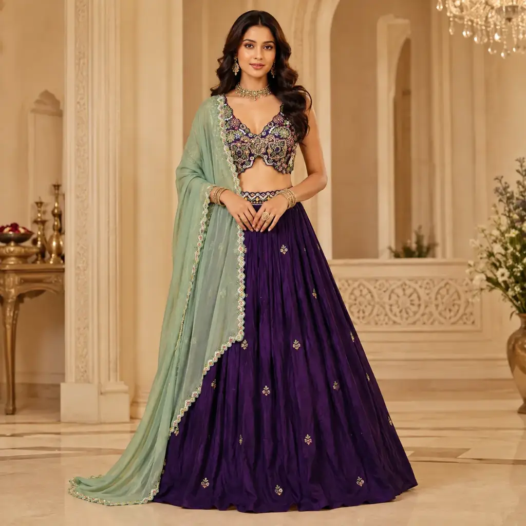 Women's Purple Lehenga Set with Floral Embroidered Blouse and Mint Green Dupatta