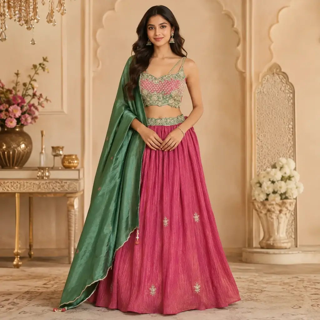 Women's Pink Ghagra with Green Embroidered Crop Top & Dupatta