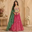 Women's Pink Ghagra with Green Embroidered Crop Top & Dupatta