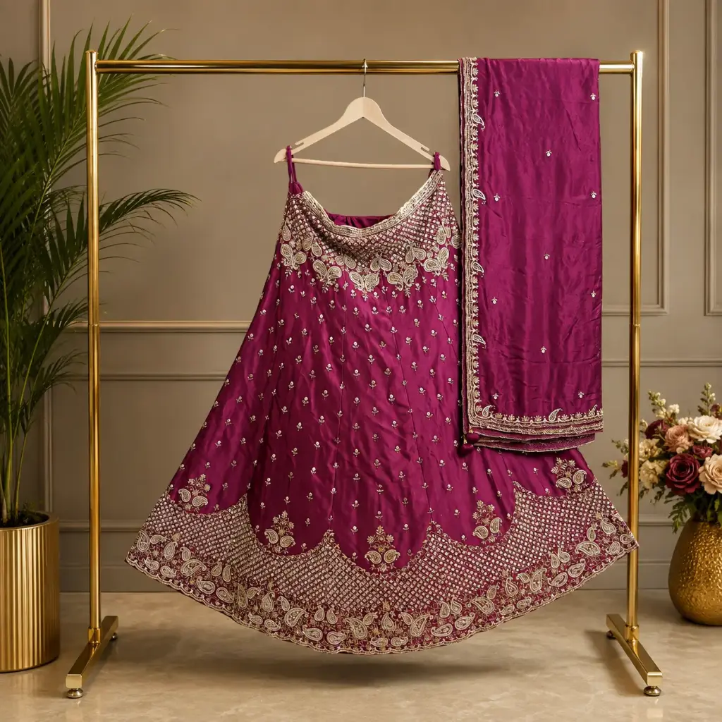 Women’s Rani Pink Embroidered Lehenga with Dupatta, Heavy Sequin n Zari Work, Paisley Border