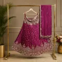 Women’s Rani Pink Embroidered Lehenga with Dupatta, Heavy Sequin n Zari Work, Paisley Border