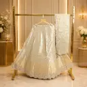 Women’s Ivory Gold Embroidered Lehenga with Dupatta, Sequin Zari Work, Scalloped Border