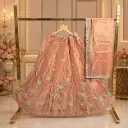Women’s Peach Embroidered Lehenga with Dupatta, Floral Sequin n Zari Work, Heavy Border