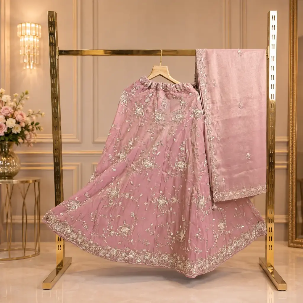Women’s Dusty Pink Embroidered Lehenga with Dupatta, Floral Sequin Work, Heavy Border