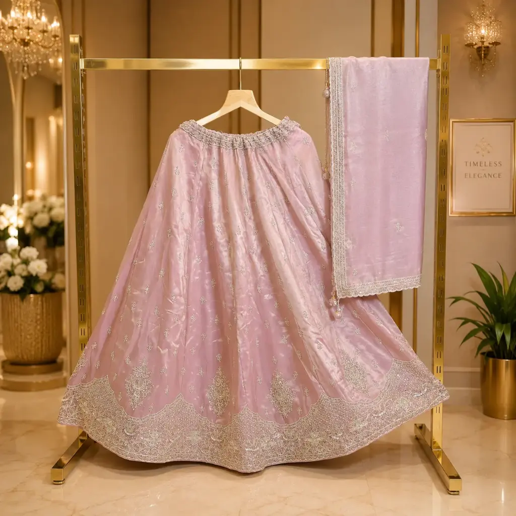 Women’s Blush Pink Embroidered Lehenga with Dupatta, Sequin Zari Work, Scalloped Heavy Border