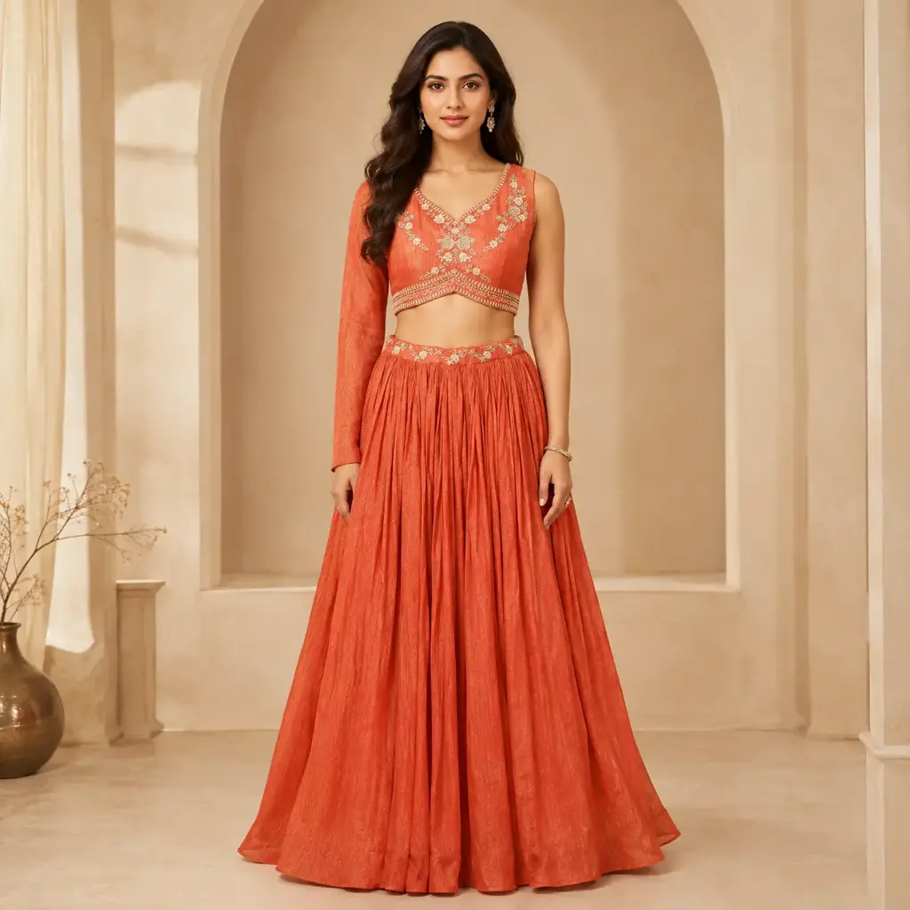 Women's Rust Orange Embroidered Lehenga Choli with One-Sleeve Blouse