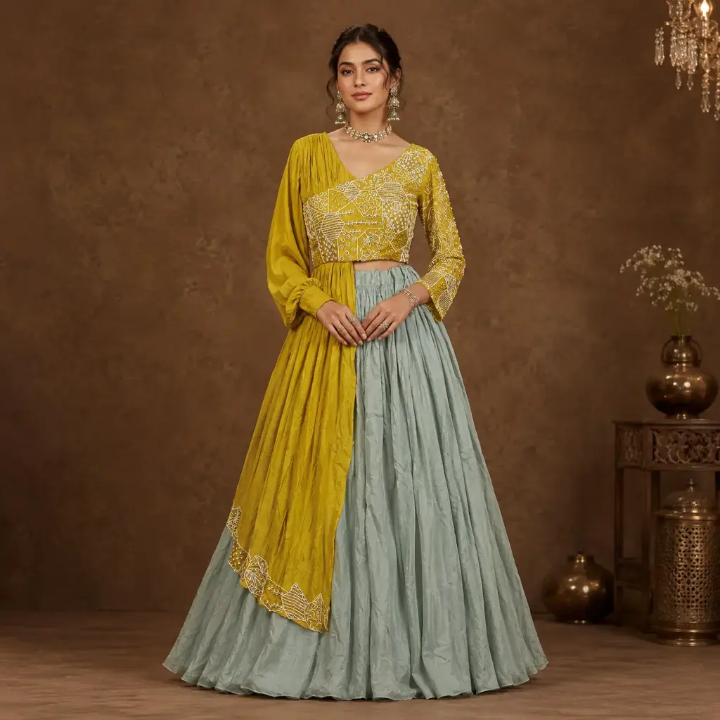 Women's Mustard Yellow Embroidered Lehenga Set with Asymmetric Top and Grey Flared Skirt